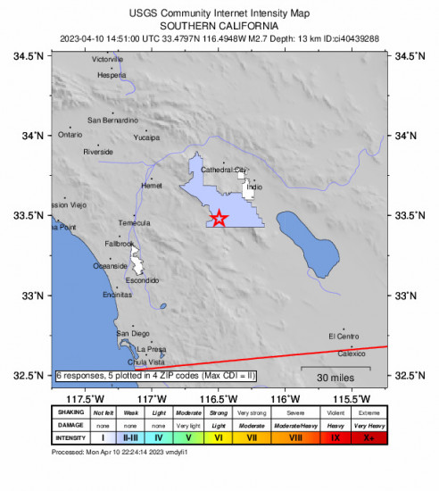 Community Internet Intensity Map for the Anza, Ca 2.7 M Earthquake, Monday Apr. 10 2023, 7:51:00 AM