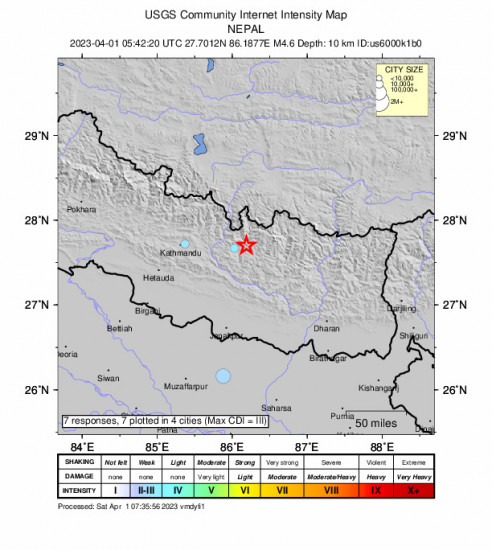 Community Internet Intensity Map for the Nepal 4.6 M Earthquake, Saturday Apr. 01 2023, 11:27:20 AM