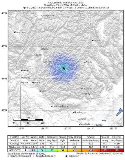 Macroseismic Intensity Map for the Southern Idaho 3.6 M Earthquake, Saturday Apr. 01 2023, 6:14:58 AM
