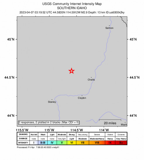 GEO Community Internet Intensity Map for the Challis, Idaho 2.9 M Earthquake, Thursday Apr. 06 2023, 9:19:52 PM