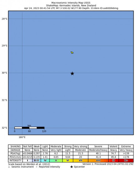 Macroseismic Intensity Map for the Kermadec Islands, New Zealand 7.3 M Earthquake, Monday Apr. 24 2023, 12:41:54 PM