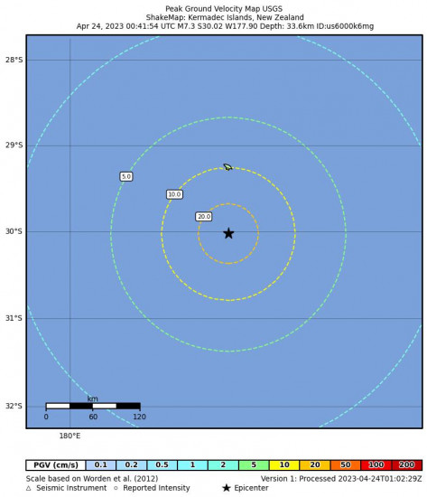 Peak Ground Velocity Map for the Kermadec Islands, New Zealand 7.3 M Earthquake, Monday Apr. 24 2023, 12:41:54 PM