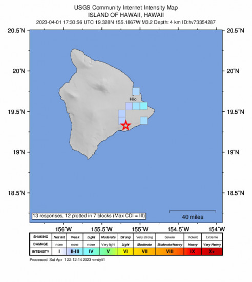 GEO Community Internet Intensity Map for the Volcano, Hawaii 3.2 M Earthquake, Saturday Apr. 01 2023, 7:30:56 AM