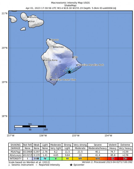 Macroseismic Intensity Map for the Volcano, Hawaii 3.2 M Earthquake, Saturday Apr. 01 2023, 7:30:56 AM