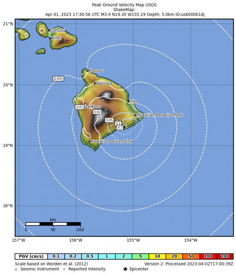 Peak Ground Velocity Map for the Volcano, Hawaii 3.2 M Earthquake, Saturday Apr. 01 2023, 7:30:56 AM