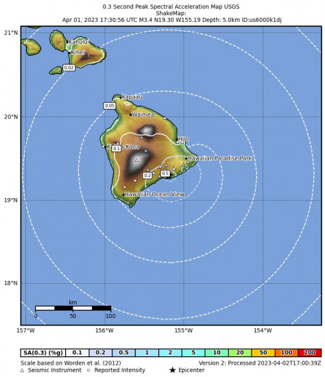 0.3 Second Peak Spectral Acceleration Map for the Volcano, Hawaii 3.2 M Earthquake, Saturday Apr. 01 2023, 7:30:56 AM