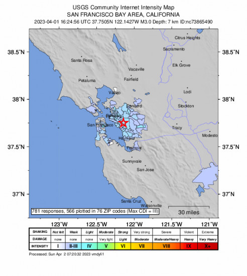 Community Internet Intensity Map for the San Leandro, Ca 3.0 M Earthquake, Saturday Apr. 01 2023, 9:24:56 AM