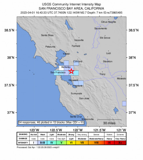 GEO Community Internet Intensity Map for the San Leandro, Ca 2.7 M Earthquake, Saturday Apr. 01 2023, 9:43:33 AM