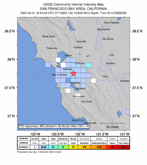 GEO Community Internet Intensity Map for the San Leandro, Ca 3.0 M Earthquake, Saturday Apr. 01 2023, 9:43:48 AM