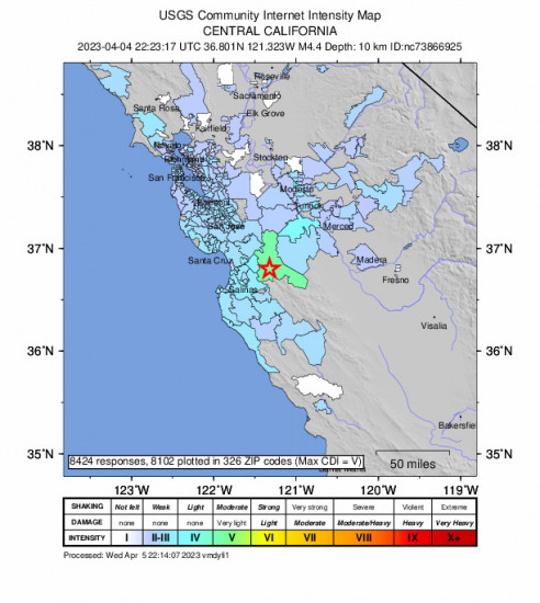 Community Internet Intensity Map for the Tres Pinos, Ca 4.4 M Earthquake, Tuesday Apr. 04 2023, 3:23:17 PM