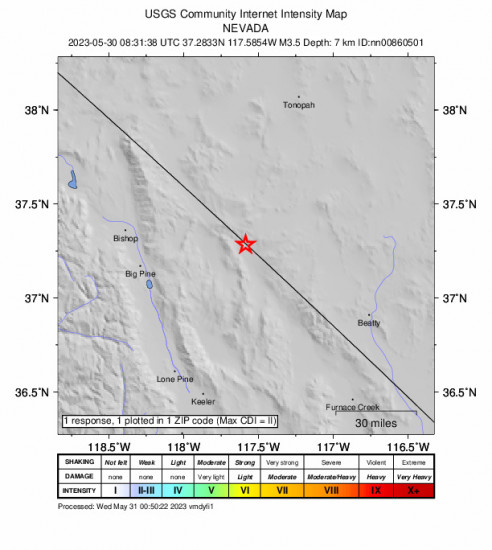Community Internet Intensity Map for the Central California 3.5 M Earthquake, Tuesday May. 30 2023, 1:31:38 AM