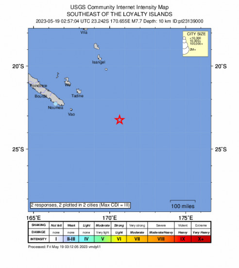 Community Internet Intensity Map for the The Loyalty Islands 7.7 M Earthquake, Friday May. 19 2023, 1:57:07 PM