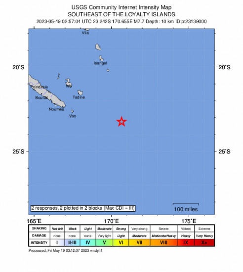 GEO Community Internet Intensity Map for the The Loyalty Islands 7.7 M Earthquake, Friday May. 19 2023, 1:57:07 PM