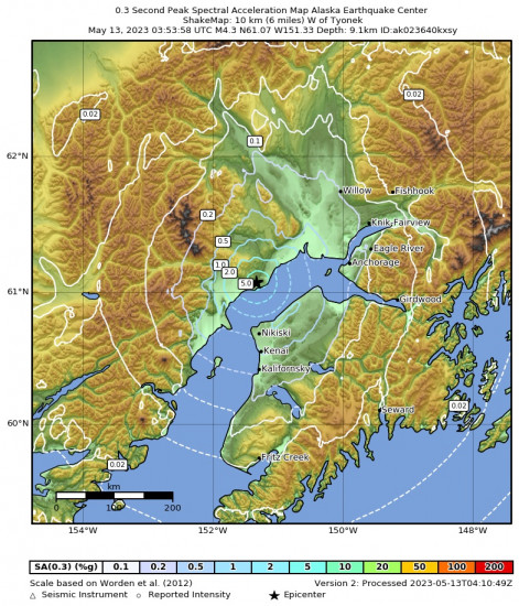 0.3 Second Peak Spectral Acceleration Map for the Tyonek, Alaska 4.3 M Earthquake, Friday May. 12 2023, 7:53:58 PM