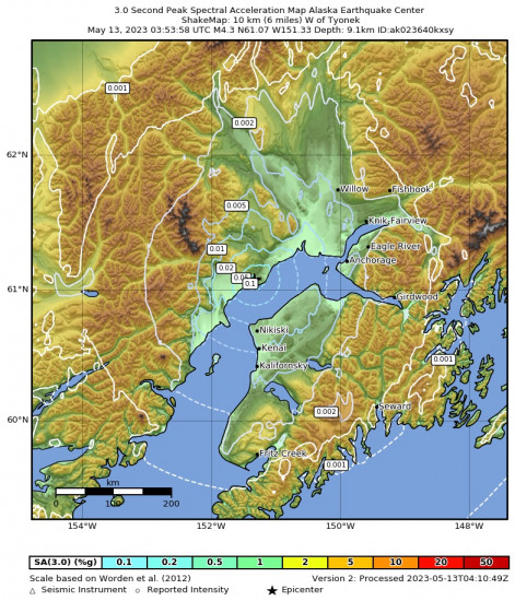 3 Second Peak Spectral Acceleration Map for the Tyonek, Alaska 4.3 M Earthquake, Friday May. 12 2023, 7:53:58 PM