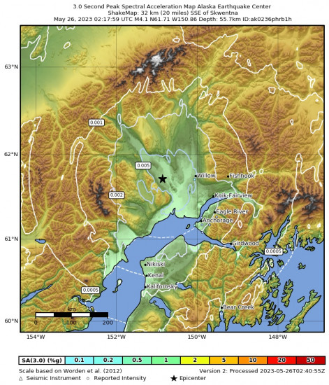 3 Second Peak Spectral Acceleration Map for the Susitna, Alaska 4.1 M Earthquake, Thursday May. 25 2023, 6:17:59 PM