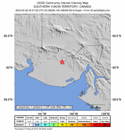 Community Internet Intensity Map for the Yakutat, Alaska 3.8 M Earthquake, Thursday May. 25 2023, 6:57:52 PM