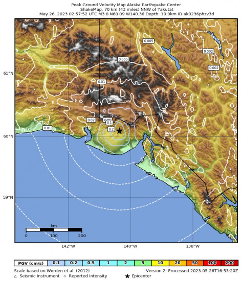 Peak Ground Velocity Map for the Yakutat, Alaska 3.8 M Earthquake, Thursday May. 25 2023, 6:57:52 PM