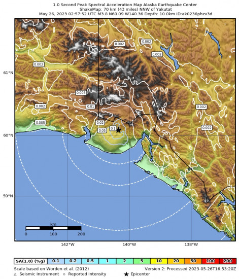 1 Second Peak Spectral Acceleration Map for the Yakutat, Alaska 3.8 M Earthquake, Thursday May. 25 2023, 6:57:52 PM