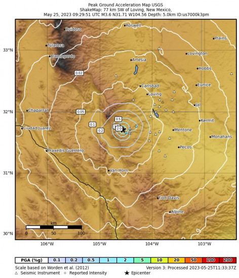 Peak Ground Acceleration Map for the Whites City, New Mexico 3.5 M Earthquake, Thursday May. 25 2023, 4:29:51 AM