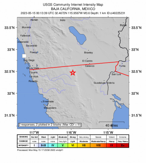 GEO Community Internet Intensity Map for the Ocotillo, Ca 3.6 M Earthquake, Sunday May. 14 2023, 5:13:39 PM