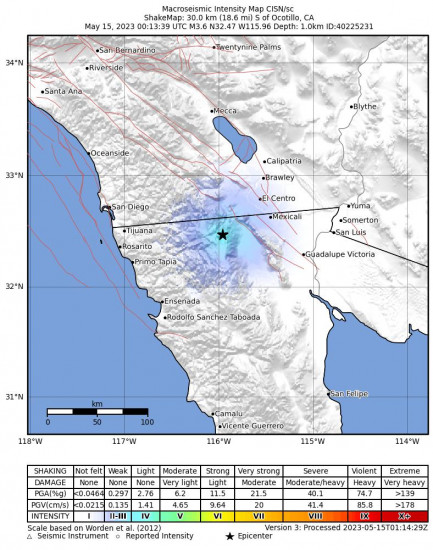 Macroseismic Intensity Map for the Ocotillo, Ca 3.6 M Earthquake, Sunday May. 14 2023, 5:13:39 PM