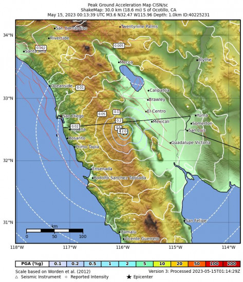 Peak Ground Acceleration Map for the Ocotillo, Ca 3.6 M Earthquake, Sunday May. 14 2023, 5:13:39 PM
