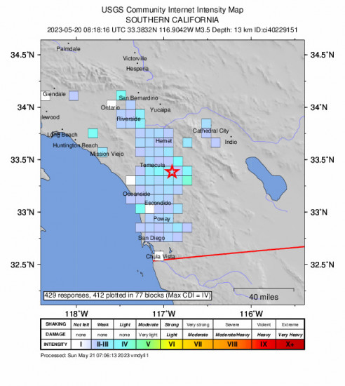 GEO Community Internet Intensity Map for the Palomar Observatory, Ca 3.6 M Earthquake, Saturday May. 20 2023, 1:18:16 AM