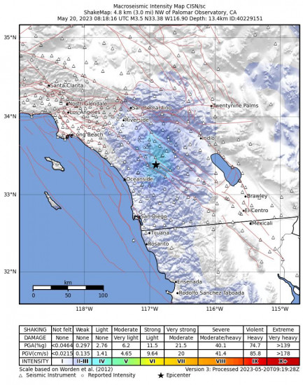 Macroseismic Intensity Map for the Palomar Observatory, Ca 3.6 M Earthquake, Saturday May. 20 2023, 1:18:16 AM