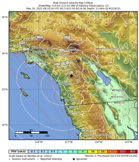 Peak Ground Velocity Map for the Palomar Observatory, Ca 3.6 M Earthquake, Saturday May. 20 2023, 1:18:16 AM