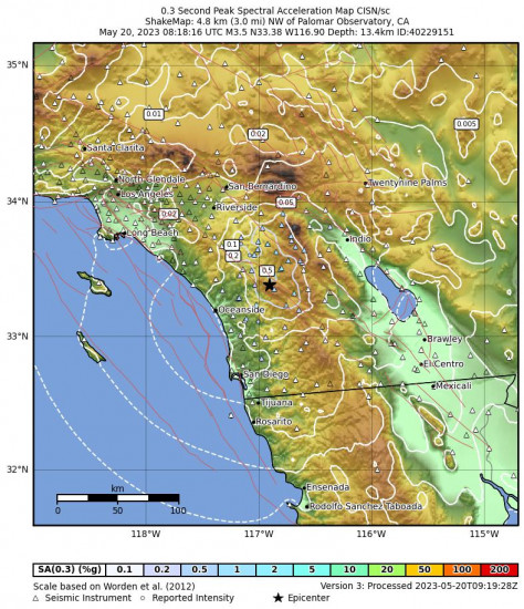 0.3 Second Peak Spectral Acceleration Map for the Palomar Observatory, Ca 3.6 M Earthquake, Saturday May. 20 2023, 1:18:16 AM