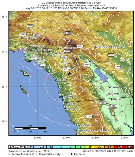 1 Second Peak Spectral Acceleration Map for the Palomar Observatory, Ca 3.6 M Earthquake, Saturday May. 20 2023, 1:18:16 AM