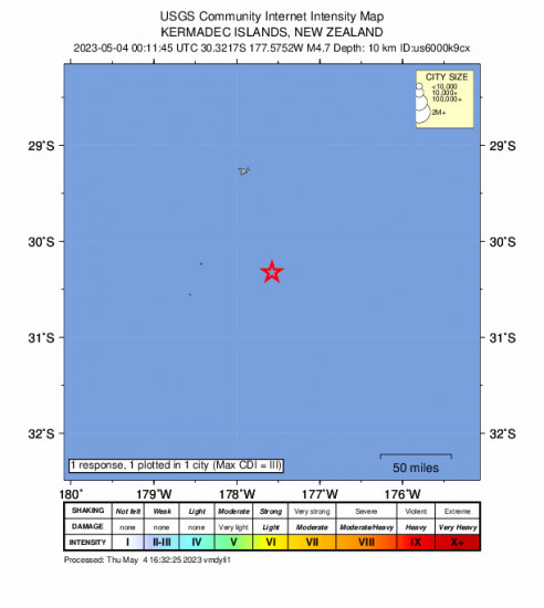 Community Internet Intensity Map for the Kermadec Islands, New Zealand 4.7 M Earthquake, Thursday May. 04 2023, 12:11:45 PM