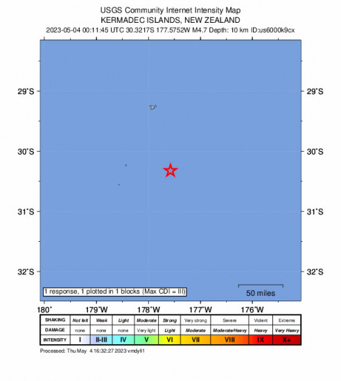 GEO Community Internet Intensity Map for the Kermadec Islands, New Zealand 4.7 M Earthquake, Thursday May. 04 2023, 12:11:45 PM