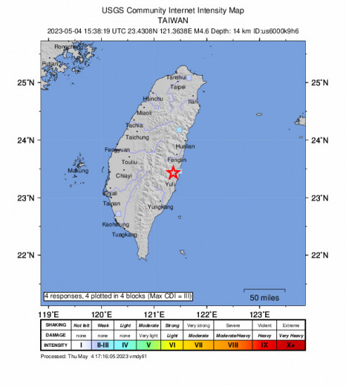 GEO Community Internet Intensity Map for the Hualien City, Taiwan 4.6 M Earthquake, Thursday May. 04 2023, 11:38:19 PM