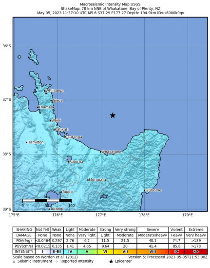 Macroseismic Intensity Map for the Whakatane, New Zealand 5.6 M Earthquake, Friday May. 05 2023, 11:37:10 PM