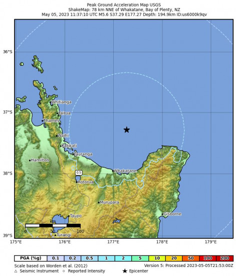 Peak Ground Acceleration Map for the Whakatane, New Zealand 5.6 M Earthquake, Friday May. 05 2023, 11:37:10 PM