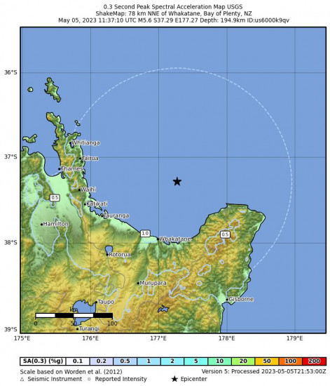 0.3 Second Peak Spectral Acceleration Map for the Whakatane, New Zealand 5.6 M Earthquake, Friday May. 05 2023, 11:37:10 PM