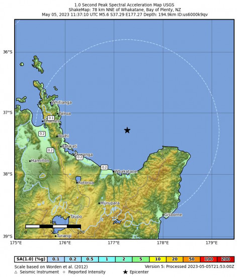 1 Second Peak Spectral Acceleration Map for the Whakatane, New Zealand 5.6 M Earthquake, Friday May. 05 2023, 11:37:10 PM