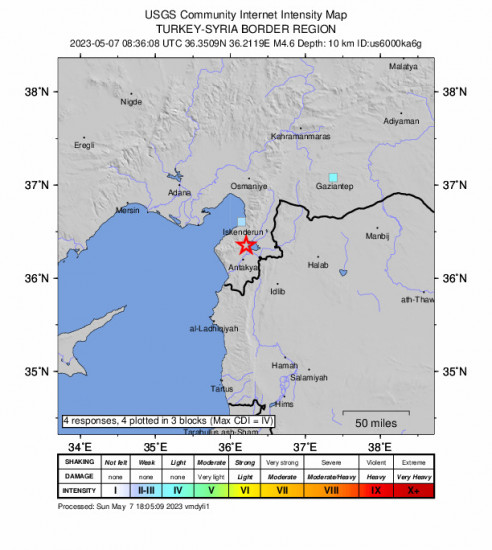 GEO Community Internet Intensity Map for the Serinyol, Turkey 4.6 M Earthquake, Sunday May. 07 2023, 11:36:08 AM