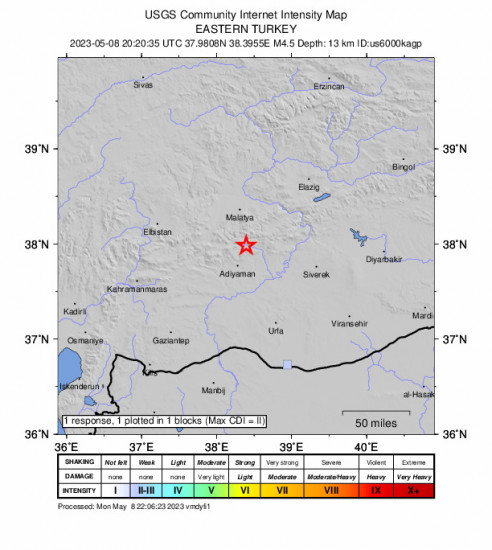 GEO Community Internet Intensity Map for the Eastern Turkey 4.5 M Earthquake, Monday May. 08 2023, 11:20:35 PM