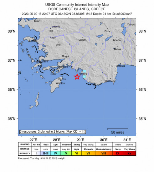 GEO Community Internet Intensity Map for the Ölüdeniz, Turkey 4.3 M Earthquake, Tuesday May. 09 2023, 6:22:07 PM