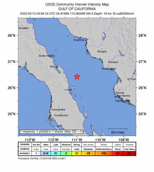 GEO Community Internet Intensity Map for the California 4.4 M Earthquake, Friday May. 12 2023, 9:04:16 PM