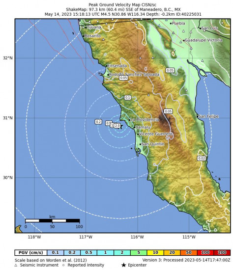 Peak Ground Velocity Map for the Las Brisas, Mexico 4.5 M Earthquake, Sunday May. 14 2023, 8:18:14 AM