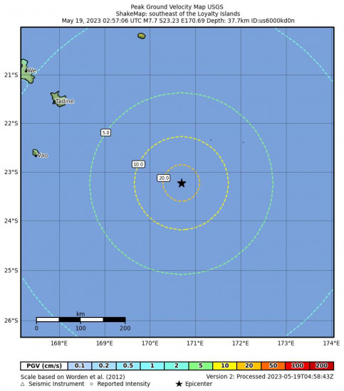 Peak Ground Velocity Map for the The Loyalty Islands 7.7 M Earthquake, Friday May. 19 2023, 1:57:06 PM