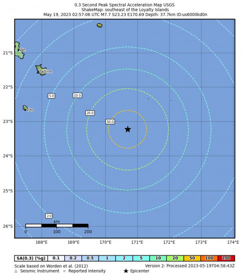 0.3 Second Peak Spectral Acceleration Map for the The Loyalty Islands 7.7 M Earthquake, Friday May. 19 2023, 1:57:06 PM