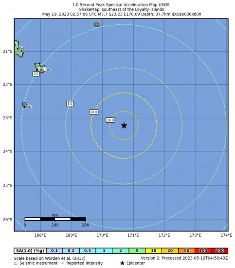 1 Second Peak Spectral Acceleration Map for the The Loyalty Islands 7.7 M Earthquake, Friday May. 19 2023, 1:57:06 PM