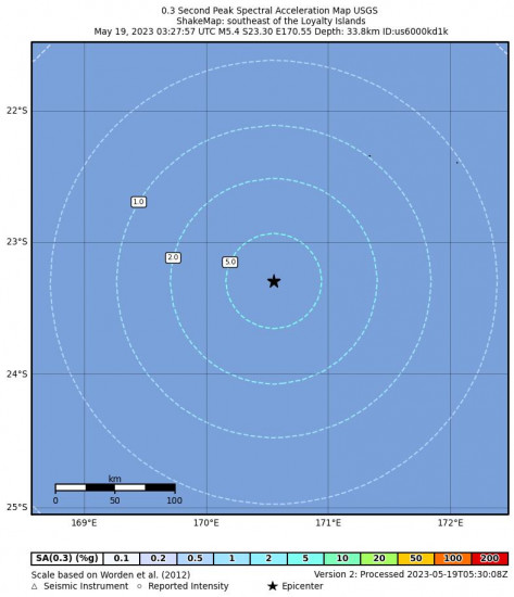 0.3 Second Peak Spectral Acceleration Map for the The Loyalty Islands 5.4 M Earthquake, Friday May. 19 2023, 2:27:57 PM