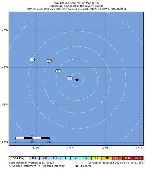 Peak Ground Acceleration Map for the The Loyalty Islands 5.4 M Earthquake, Friday May. 19 2023, 3:09:23 PM