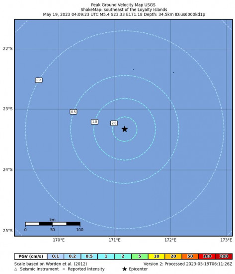 Peak Ground Velocity Map for the The Loyalty Islands 5.4 M Earthquake, Friday May. 19 2023, 3:09:23 PM